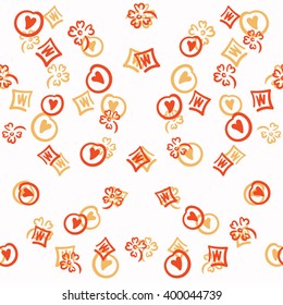 Vector hand drawn seamless pattern. Pink and orange background with hearts, circles, rhombus and squares.