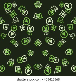 Vector hand drawn seamless pattern. Colorful background with hearts, circles, rhombus and squares.