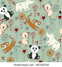 vector hand drawn seamless pattern with animals