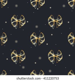 Vector hand drawn seamless pattern with lush golden bows and tinsels. Vintage glamor decoration for traditional holidays and gift boxes. Concept illustration.