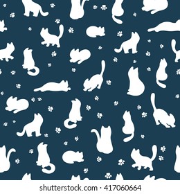 vector hand drawn seamless pattern with sitting, walking, creeping and lying cat silhouette.