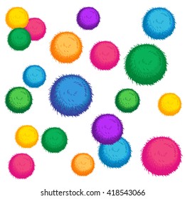 Vector hand drawn seamless pattern of round pompons of orange-green-blue-pink-yellow color on a white background