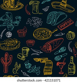 Vector hand drawn seamless pattern Mexican food vegetables, tequila, burrito, tacos and other mexican eating.  Vintage illustration for design menus, recipes and packages product.