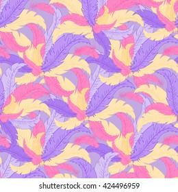 vector hand drawn seamless pattern with coloured feathers.