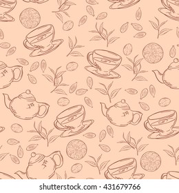 vector hand drawn seamless pattern with outlines cup of tea, teapot, leaf and lemon.