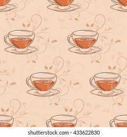 vector hand drawn seamless pattern with cup of tea and branches.