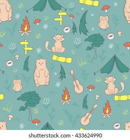 vector hand drawn seamless pattern with funny camping stuff - tent, direction pointer, mate. tree and animals.