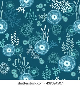 Vector hand drawn seamless pattern with underwater world of seaweeds and jellyfish. Sea repeat background