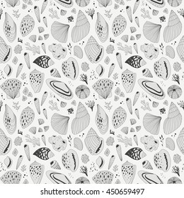 vector hand drawn seamless pattern with shells
