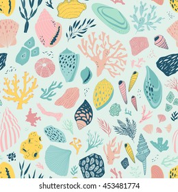 vector hand drawn seamless pattern with shells and corals