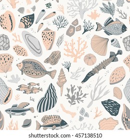 Vector hand drawn seamless pattern with shells corals and fish

