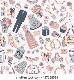 Vector Hand Drawn Seamless Pattern With Wedding Items