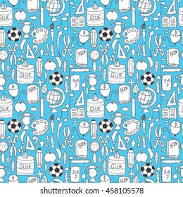 Vector hand drawn seamless pattern with education items.  Back to school themed doodle  background.