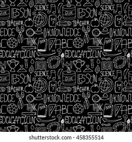 Vector hand drawn seamless pattern with education items. Back to school themed doodle background.