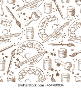 Vector hand drawn seamless pattern with pains and brushes on a white background