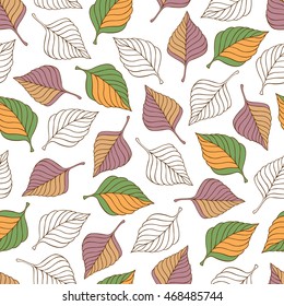 Vector hand drawn seamless pattern with colorful autumn leaves