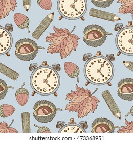 Vector hand drawn seamless pattern with pencils, clocks and  autumn leaves on a light background