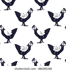 Vector hand drawn seamless pattern with chickens. Farm animal theme. Black and white chicken pattern for textile, paper, book, game, cards, banner, web design.