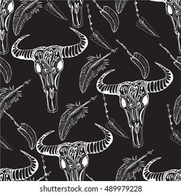 Vector hand drawn seamless pattern. Sketch of Buffalo skulls. Monochrome ink illustration.