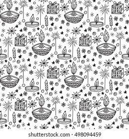 Vector hand drawn seamless pattern with Diwali symbols. Happy Diwali holiday background