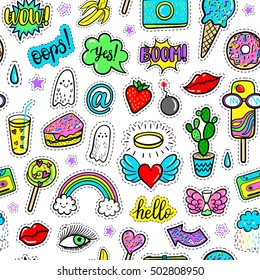 Vector hand drawn seamless pattern with fashion patches: eyes, ice cream, rainbow, doughnut, camera, lip, heart, arrow, banana, ghost. Modern pop art stickers, patches, pins, badges 80s-90s style