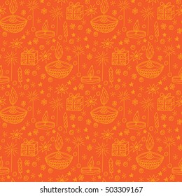 Vector Hand Drawn Seamless Pattern With Diwali Symbols. Happy Diwali Holiday Background