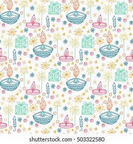 Vector hand drawn seamless pattern with Diwali symbols. Happy Diwali holiday background