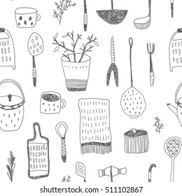 vector hand drawn seamless pattern with kitchen objects