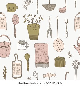 vector hand drawn seamless pattern with kitchen objects