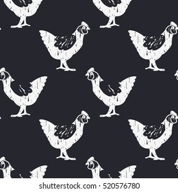 Vector hand drawn seamless pattern with chickens. Farm animal theme. Black and white chicken pattern for textile, paper, book, game, cards, banner, web design.