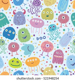 Vector hand drawn seamless pattern with cartoon funny monsters. Perfect for printing.