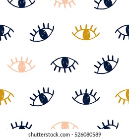 Vector hand drawn seamless pattern with open eyes in coral, black and gold colors, isolated on white. Modern website backdrop, wallpaper, textile print design. Minimal scandinavian style