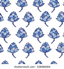 Vector hand drawn seamless pattern. Hops blue background. Perfect for printing on fabric or wrapping