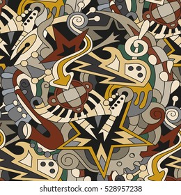 Vector hand drawn seamless pattern. Elements doodles. Abstract endless texture. Theme with musical instruments. The bright shades of brown. For fabrics, wallpaper, wrapper, cover art and more.