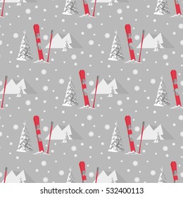 Vector hand drawn seamless pattern of ski, poles and pine in snow