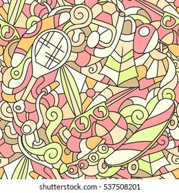 Vector hand drawn seamless pattern with doodles elements in the form of items for summer recreation, sports, holiday, vacation resort. Can be used for wallpaper, fabrics, wrap covers.