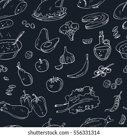 Vector hand drawn seamless pattern healthy food vegetables, fruits, meat.