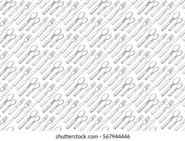 Vector hand drawn seamless pattern background with table set kitchen utensils: fork, knife, spoon. Perfect for wrapping, wallpaper, restaurant and cafe menu.