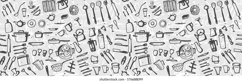 Vector Hand Drawn Seamless Pattern Background Kitchen Utensils In Grey Color