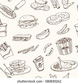 Vector hand drawn seamless pattern american cuisine hot dog, hamburger and cheeseburger, sandwich, steak, sausage, ketchup. Vintage illustration for design menus, recipes and packages product.