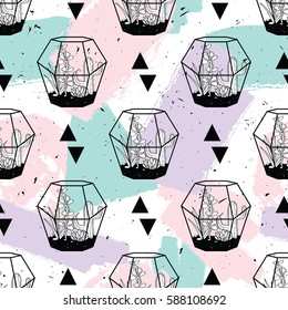 Vector hand drawn seamless pattern with geometric and brush painted elements, triangles, cactuses and succulents in terrariums. Modern scandinavian design. Pastel colors.