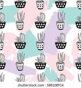 Vector hand drawn seamless pattern with geometric and brush painted elements, cactuses and succulents in pots. Modern scandinavian design. Pastel colors.