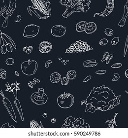 Vector hand drawn seamless pattern Vegetarian food. Vegetables, fruits. Vintage illustration for design menus, recipes and packages product.