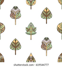 Vector hand drawn seamless pattern, decorative stylized childish trees. Doodle style, tribal graphic illustration. 