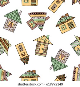 Vector hand drawn seamless pattern, decorative stylized childish houses Doodle style, graphic illustration Ornamental cute hand drawing in brown colors. Series of doodle, cartoon, sketch illustrations