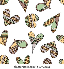 Vector hand drawn seamless pattern, decorative stylized childish hearts. Doodle style, tribal graphic illustration Cute hand drawing in vintage colors. Series of doodle, cartoon, sketch illustrations