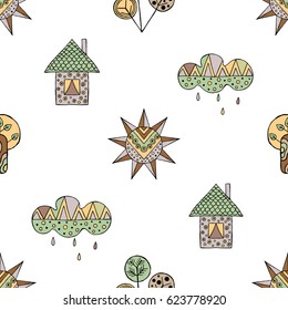 Vector hand drawn seamless pattern, decorative stylized childish house, tree, sun, cloud, rain Doodle style, graphic illustration Childlike cute cartoon, hand drawing in vintage brown colors.