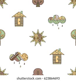 Vector hand drawn seamless pattern, decorative stylized childish house, tree, sun, cloud, rain Doodle style, graphic illustration Childlike cute cartoon, hand drawing in vintage brown colors.