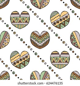 Vector hand drawn seamless pattern, decorative stylized childish hearts. Doodle style, tribal graphic illustration Cute hand drawing in vintage colors. Series of doodle, cartoon, sketch illustrations