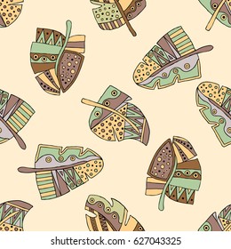Vector hand drawn seamless pattern, decorative stylized childish feather in the shape of tree. Doodle style, tribal graphic illustration. Ornamental cute hand drawing Series of doodle patterns